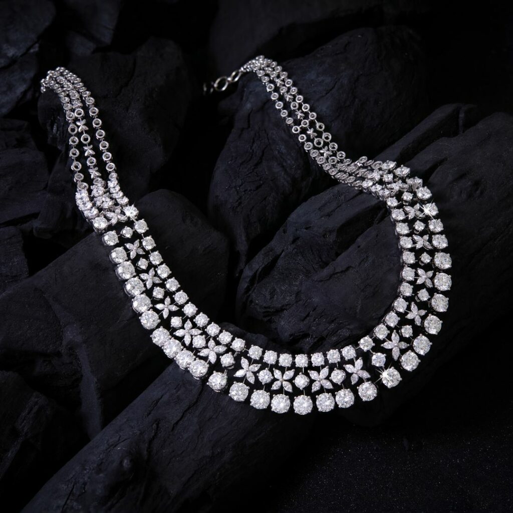 Diwali Jewellery Offers On Diamond, Platinum and Solitaire 10 Multi-Row Diamond Necklace with Solitaire Accents