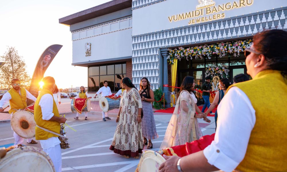 VBJ Frisco's 1st Anniversary: A Journey of Style, Elegance, and Heritage 4 traditional drummers outside a VBJ store during an event